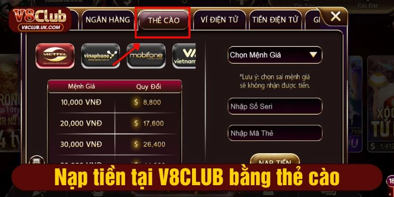 Nạp tiền tại V8CLUB bằng thẻ cào